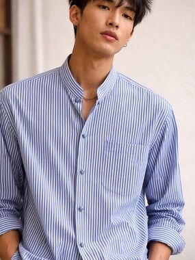 Shanghai tang blue and white striped mandarin collar long sleeve button down XL